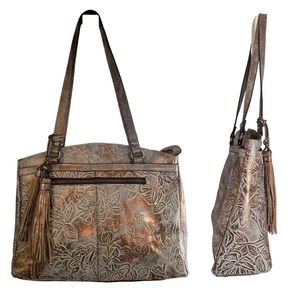 Patricia Nash Floral Tooled Leather Copper White Large Satchel Tote Bag